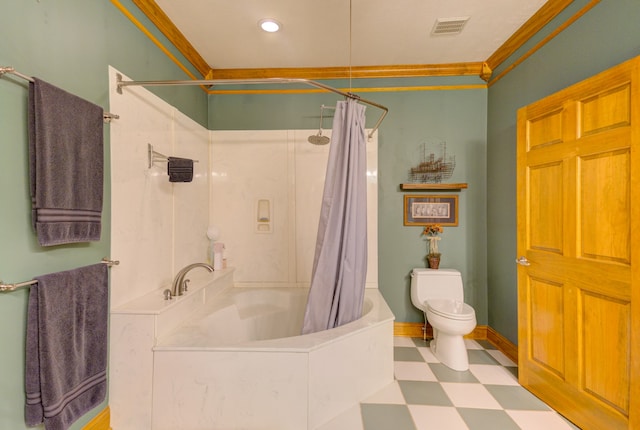 bathroom featuring tile patterned floors, crown molding, shower / tub combo, and toilet