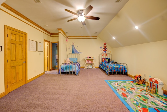 bedroom with ceiling fan, carpet flooring, lofted ceiling, and ornamental molding