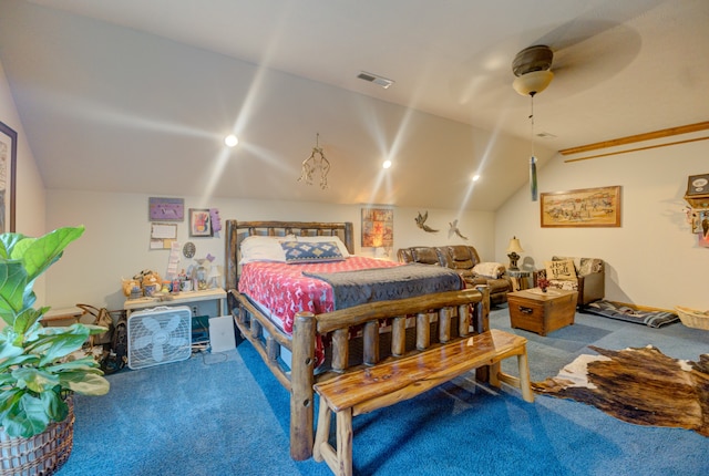 bedroom featuring carpet, lofted ceiling, and ceiling fan