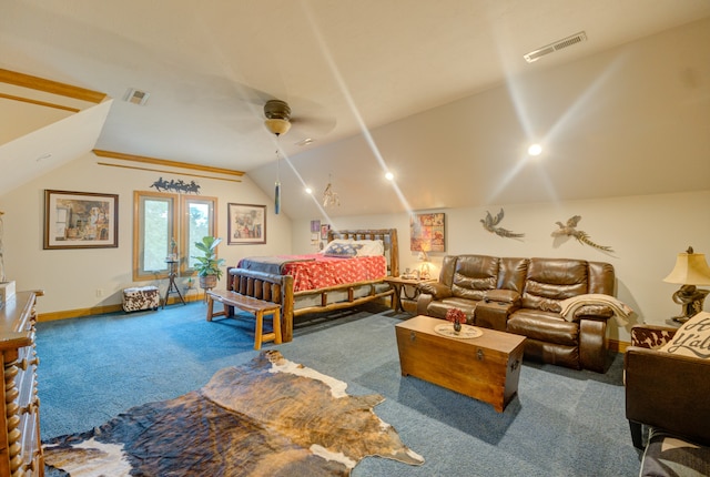 bedroom with ceiling fan, carpet floors, lofted ceiling, and french doors