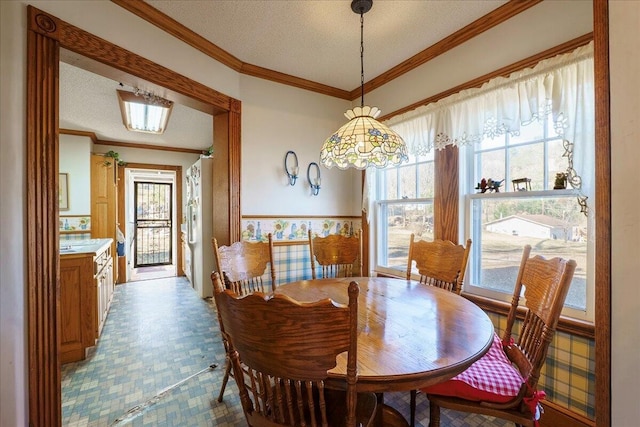 dining space featuring crown molding and a textured ceiling