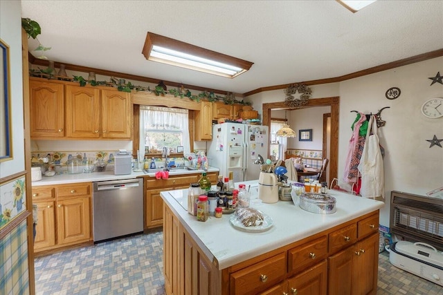 kitchen featuring sink, a center island, white refrigerator with ice dispenser, tile patterned floors, and dishwasher