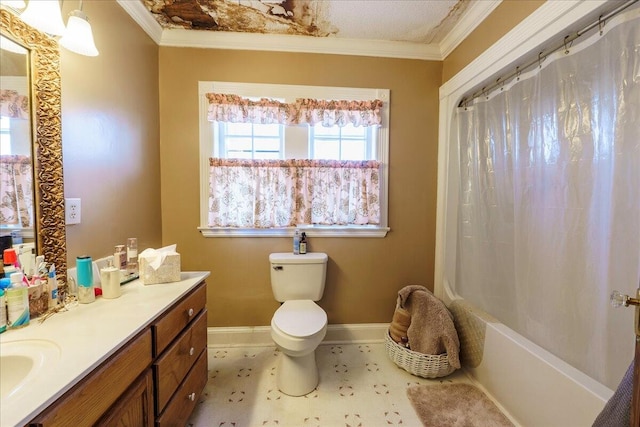 full bathroom featuring toilet, vanity, and shower / tub combo