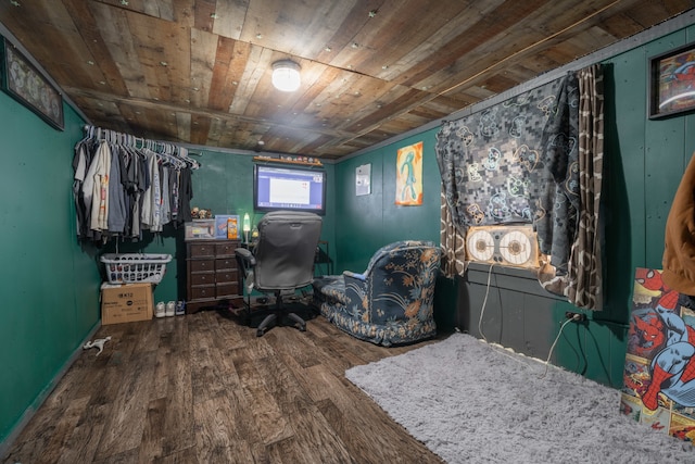 interior space featuring hardwood / wood-style floors and wood ceiling