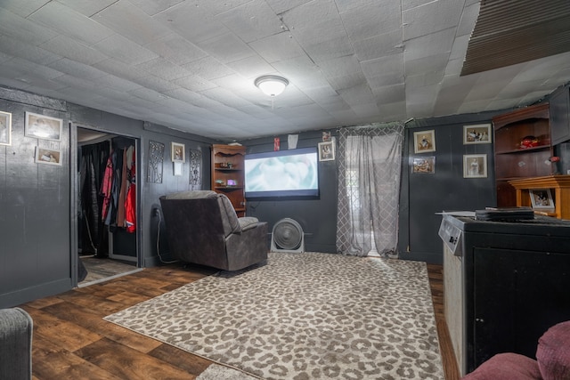 living room featuring dark wood-type flooring