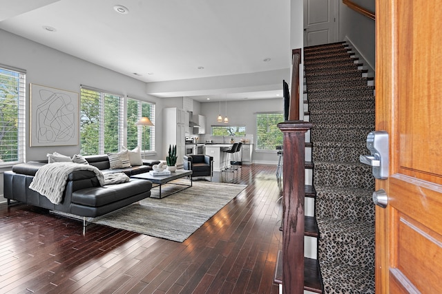 living room with dark hardwood / wood-style flooring and plenty of natural light