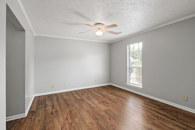 spare room with a textured ceiling, ceiling fan, hardwood / wood-style floors, and ornamental molding