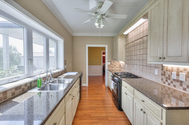 kitchen featuring light hardwood / wood-style flooring, black appliances, sink, tasteful backsplash, and crown molding
