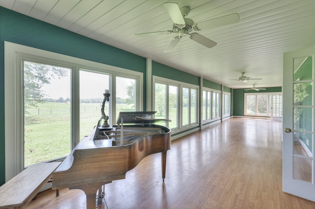 miscellaneous room with a wealth of natural light, ceiling fan, and wood-type flooring