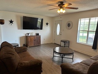 living room featuring hardwood / wood-style floors and ceiling fan