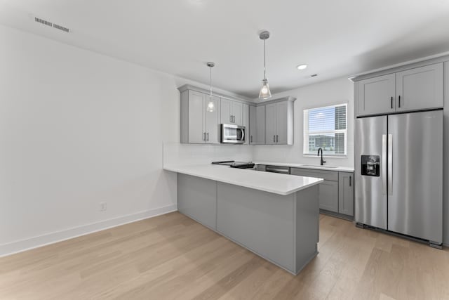 kitchen featuring backsplash, appliances with stainless steel finishes, light hardwood / wood-style floors, kitchen peninsula, and gray cabinets