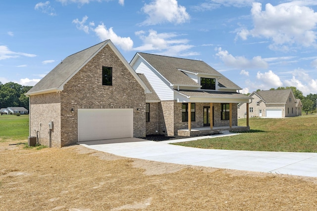 view of front of house featuring brick siding, covered porch, concrete driveway, cooling unit, and a front lawn