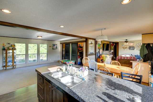 kitchen with sink, carpet floors, ceiling fan, dark brown cabinetry, and a textured ceiling