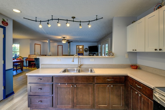 kitchen featuring light hardwood / wood-style flooring, rail lighting, sink, and ceiling fan