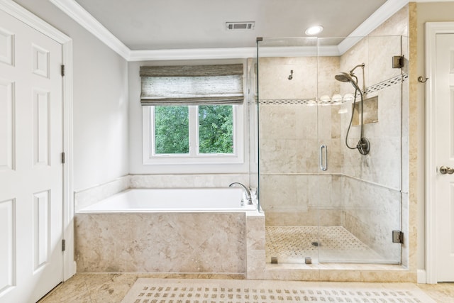 bathroom featuring tile patterned flooring, independent shower and bath, and ornamental molding