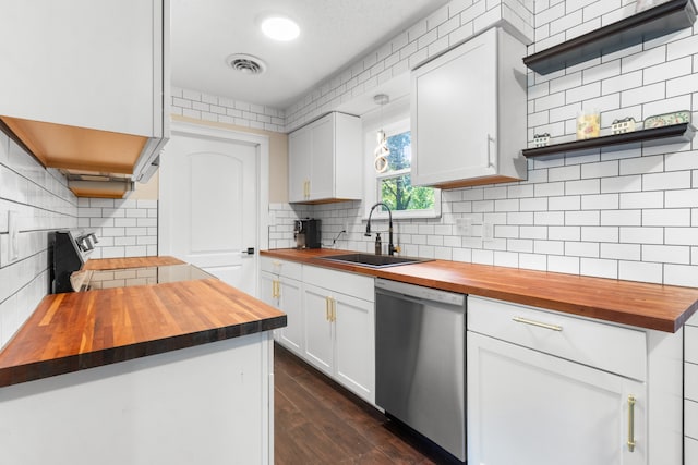 kitchen with wood counters, white cabinets, dishwasher, and dark wood-type flooring