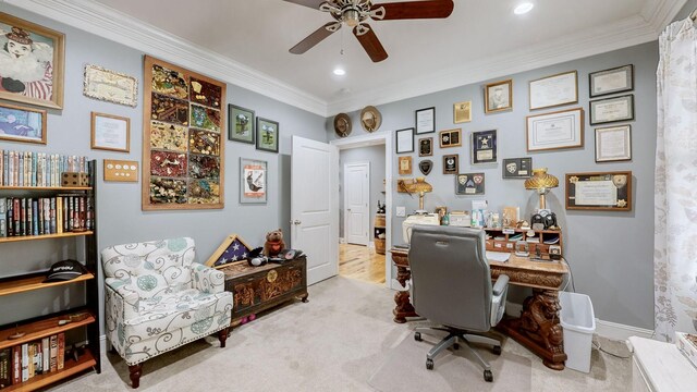 1019 Parker Rd, Kingston Springs, TN 37082 - office with carpet flooring, crown molding, recessed lighting, and a ceiling fan