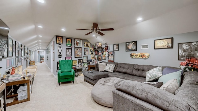 1019 Parker Rd, Kingston Springs, TN 37082 - carpeted living area with vaulted ceiling, visible vents, recessed lighting, and a ceiling fan