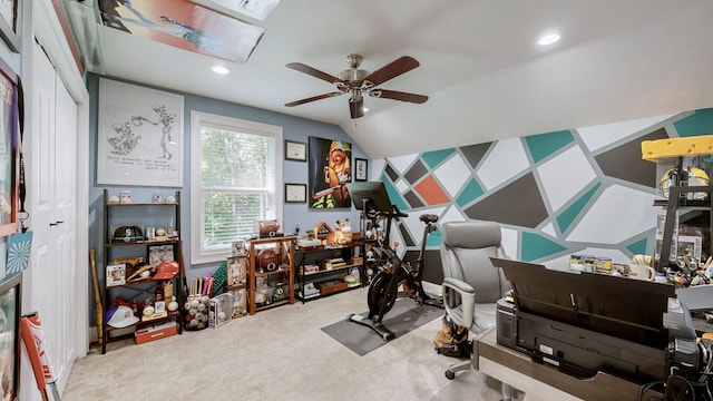 1019 Parker Rd, Kingston Springs, TN 37082 - workout area featuring lofted ceiling, recessed lighting, carpet, an accent wall, and a ceiling fan