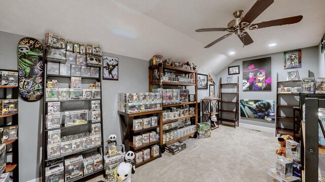 1019 Parker Rd, Kingston Springs, TN 37082 - misc room featuring vaulted ceiling, carpet, a ceiling fan, baseboards, and recessed lighting