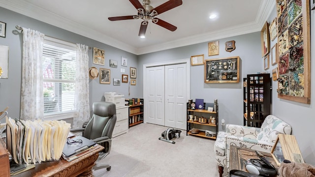 1019 Parker Rd, Kingston Springs, TN 37082 - home office featuring carpet floors, crown molding, recessed lighting, and a ceiling fan
