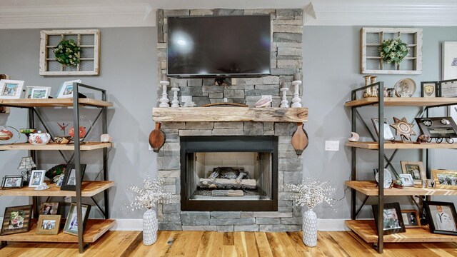 1019 Parker Rd, Kingston Springs, TN 37082 - living room with baseboards, a large fireplace, wood finished floors, and ornamental molding