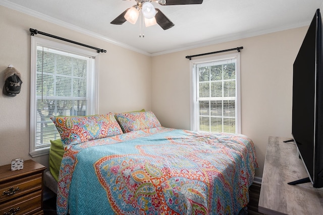 bedroom featuring ceiling fan, multiple windows, and ornamental molding