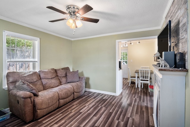 living room featuring ceiling fan, dark wood-type flooring, ornamental molding, and a textured ceiling