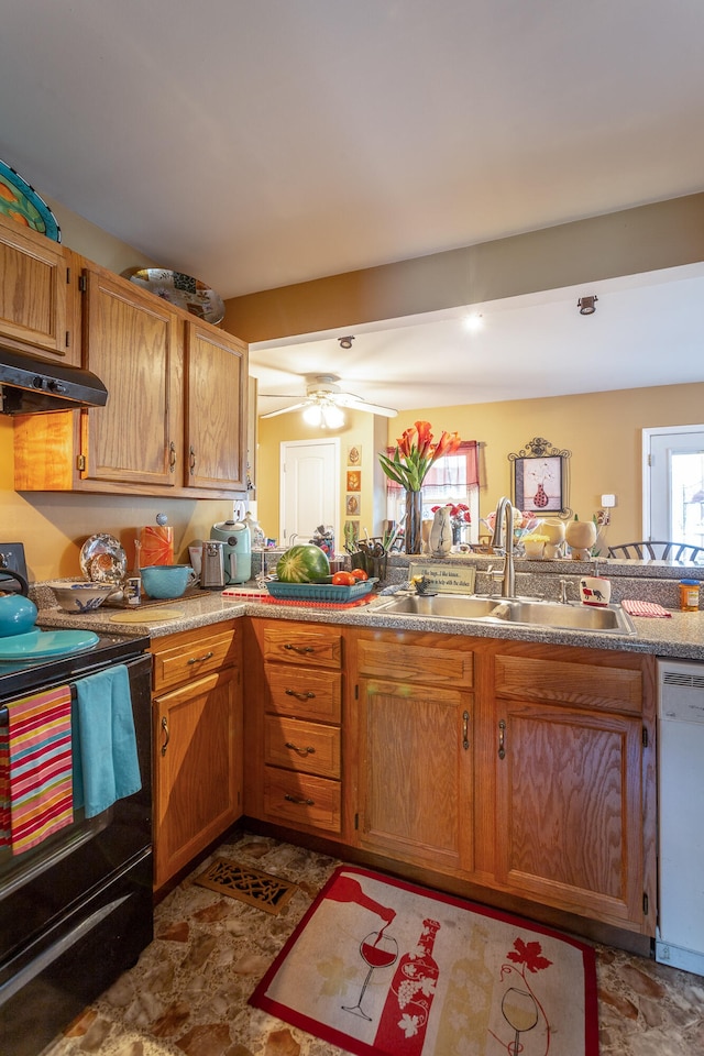 kitchen with sink, light tile patterned floors, white dishwasher, ceiling fan, and black range with electric cooktop