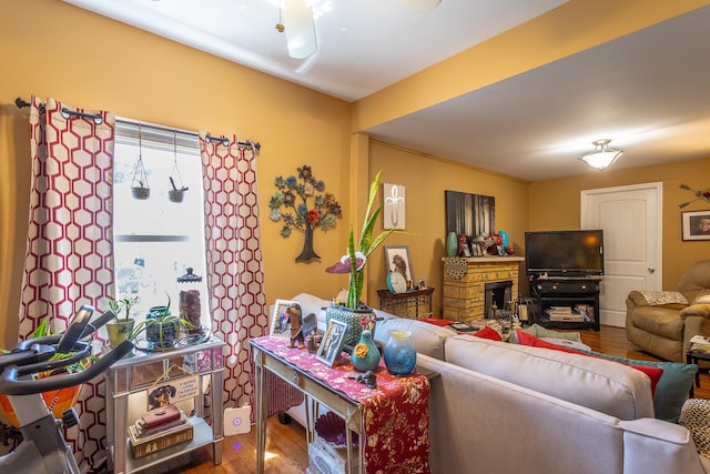 living room featuring a fireplace and wood-type flooring