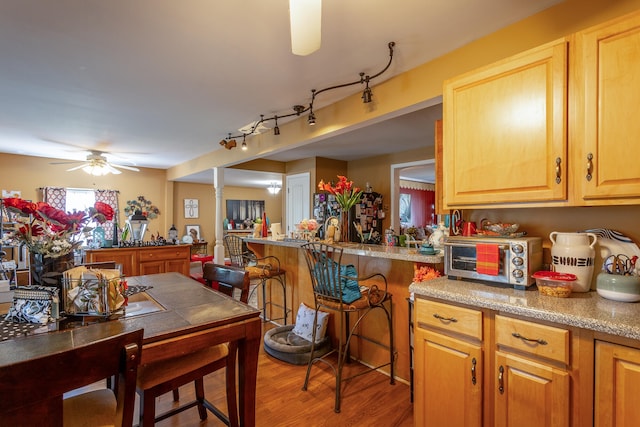 kitchen with ceiling fan, hardwood / wood-style flooring, kitchen peninsula, and track lighting