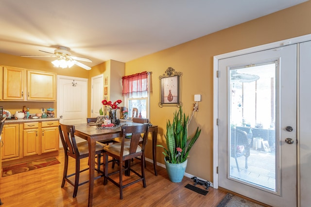 dining space with ceiling fan and light wood-type flooring