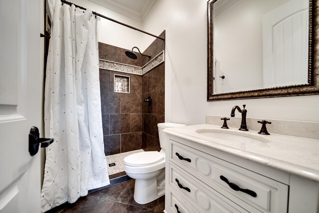 bathroom featuring toilet, a shower with shower curtain, vanity, tile patterned floors, and crown molding