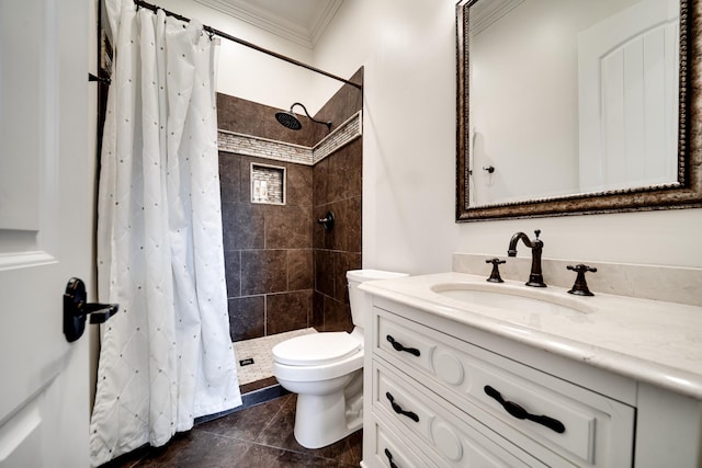 full bathroom featuring toilet, vanity, ornamental molding, tile patterned floors, and a stall shower