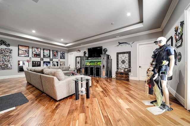 living room featuring light hardwood / wood-style floors, crown molding, and a tray ceiling