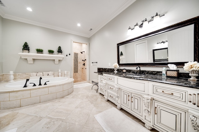 bathroom with crown molding, separate shower and tub, vanity, and tile patterned floors