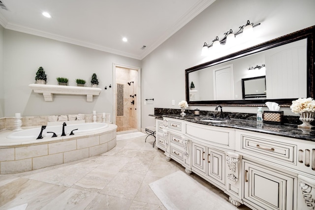 full bathroom featuring a garden tub, crown molding, vanity, and tiled shower