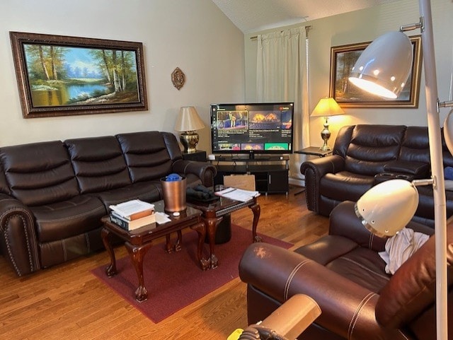 living room featuring vaulted ceiling and wood-type flooring