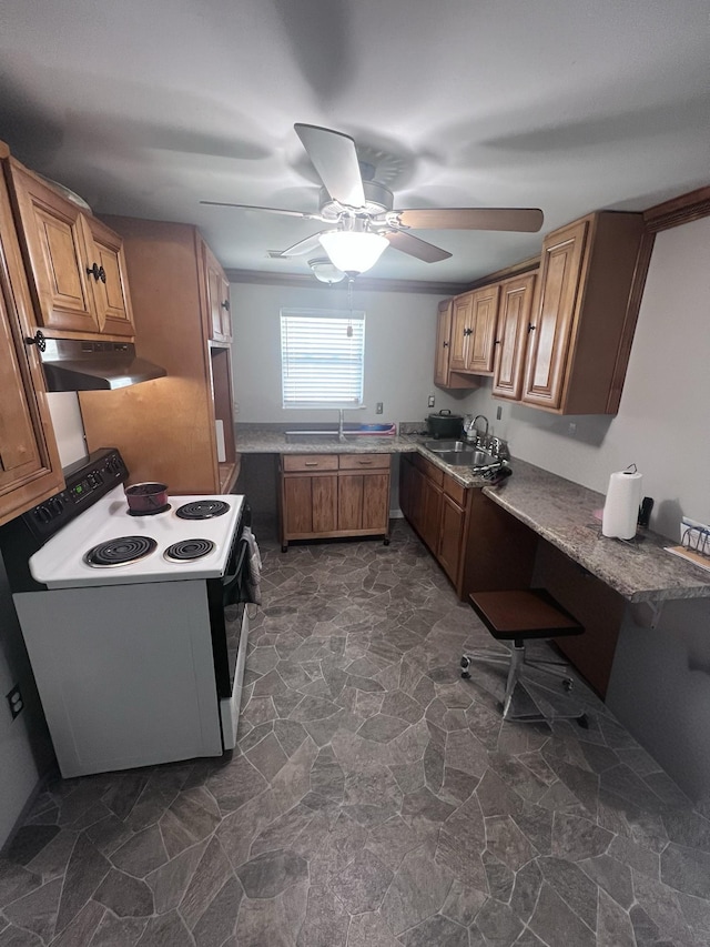 kitchen with electric range, brown cabinetry, stone finish flooring, under cabinet range hood, and a sink