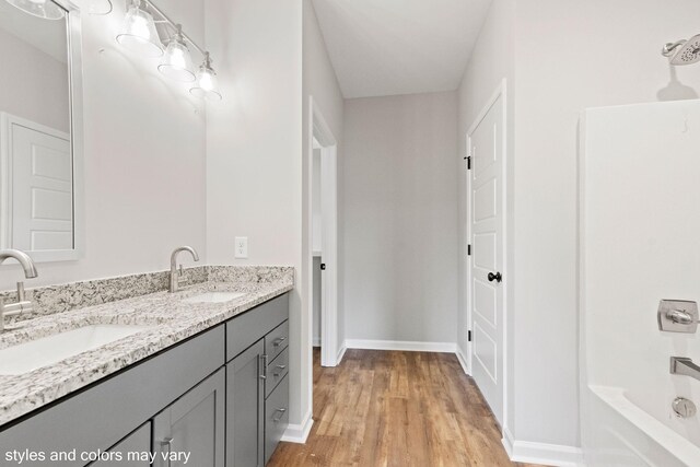 bathroom with vanity and hardwood / wood-style flooring