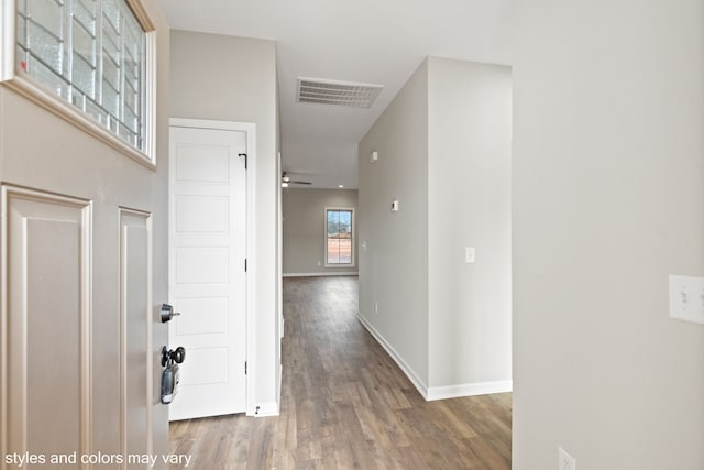 foyer with ceiling fan and hardwood / wood-style floors