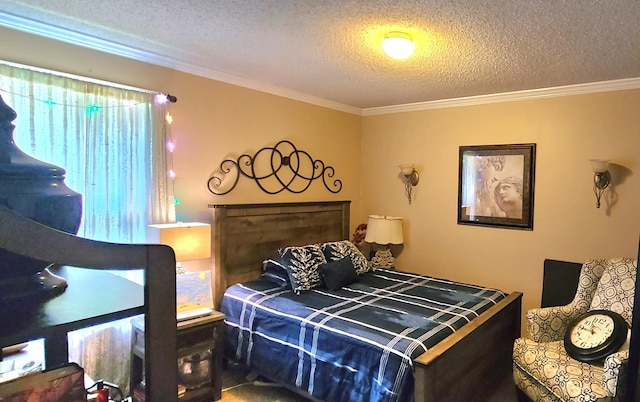 bedroom featuring ornamental molding and a textured ceiling