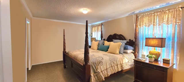 bedroom featuring multiple windows, dark carpet, and ornamental molding