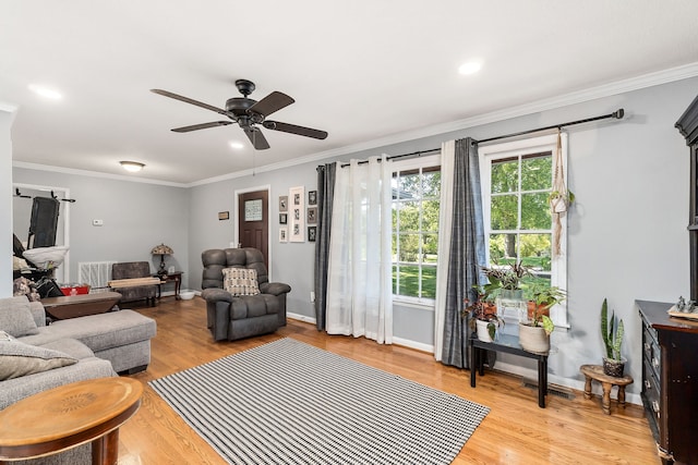 living room featuring light hardwood / wood-style floors, crown molding, and ceiling fan