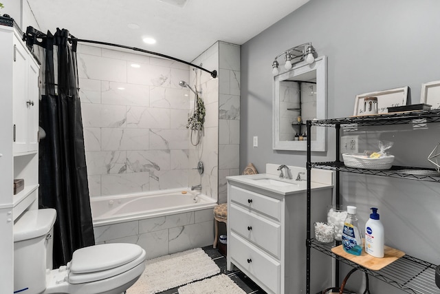 full bathroom with tile patterned floors, toilet, vanity, and shower / bathtub combination with curtain