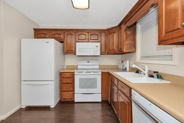 kitchen with dark hardwood / wood-style flooring, sink, and white appliances