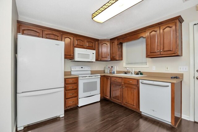 kitchen featuring sink, dark hardwood / wood-style flooring, and white appliances