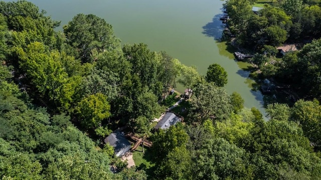 birds eye view of property featuring a water view and a view of trees