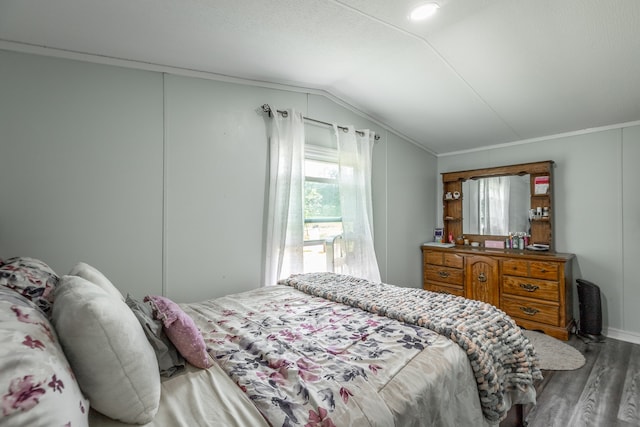 bedroom with vaulted ceiling and dark hardwood / wood-style floors