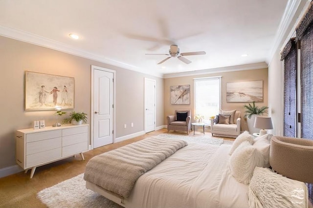 bedroom featuring ceiling fan and ornamental molding